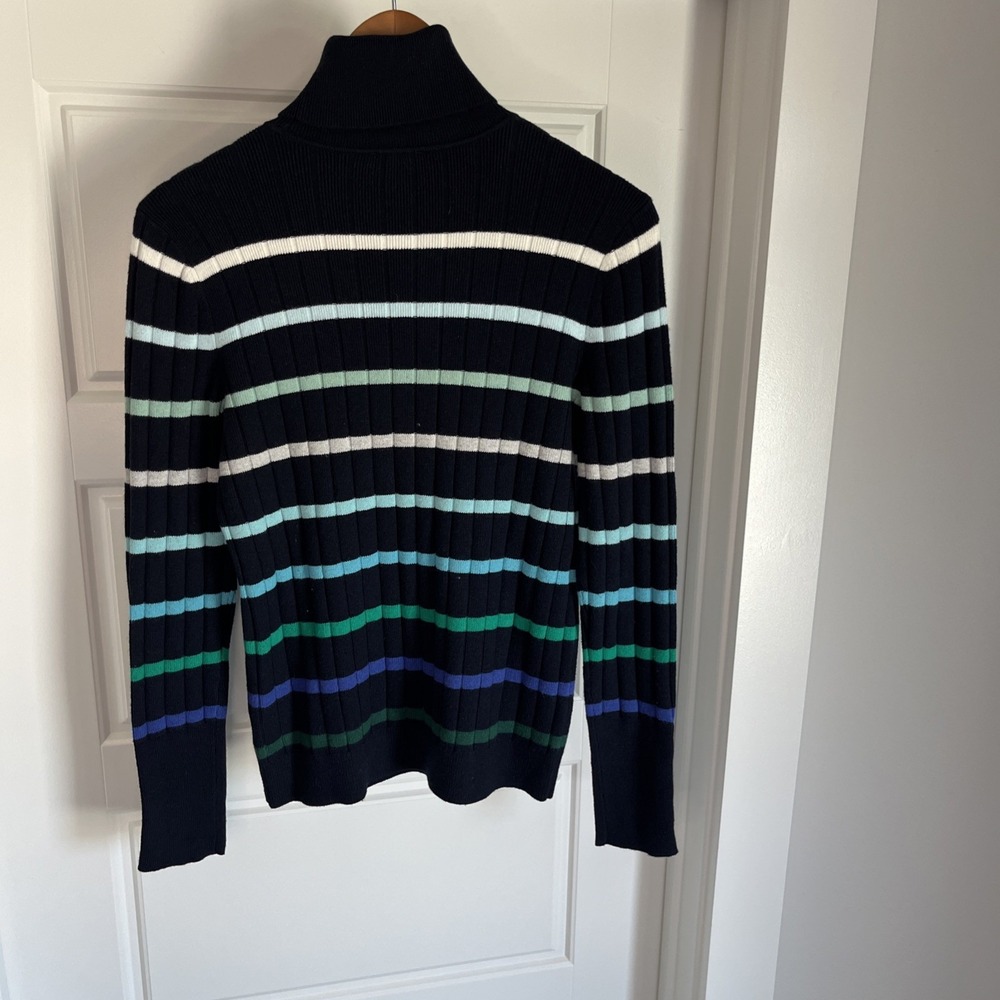 TALBOTS Blue Green Stripe Ribbed Turtleneck Sweater Button Cuff S New Nautical - Picture 11 of 12